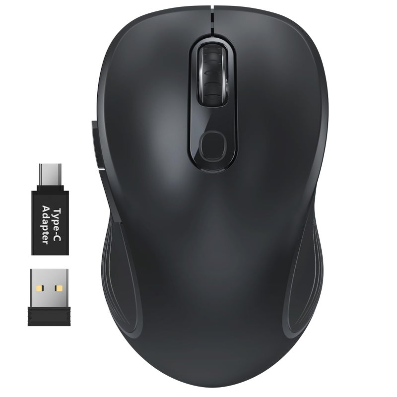 WisFox 2.4G Wireless Mouse for Laptop, Ergonomic Computer Mouse with USB Receiver and Type-C Adapter, 3 Adjustable Levels, 6 Button Cordless Wireless Mice for Windows Mac PC Notebook (Black) - Image 1